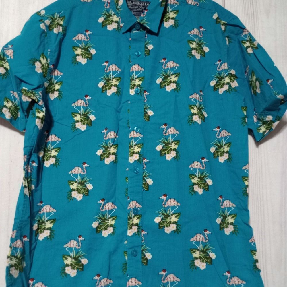 American Rag Christmas Flamingo Floral Print Button Up Shirt Short Sleeve